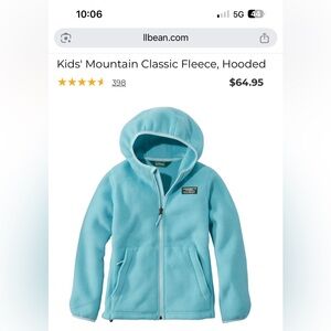 L.L. Bean Kids' Fleece Hoodie Turquoise Kids M (8) BNWOT